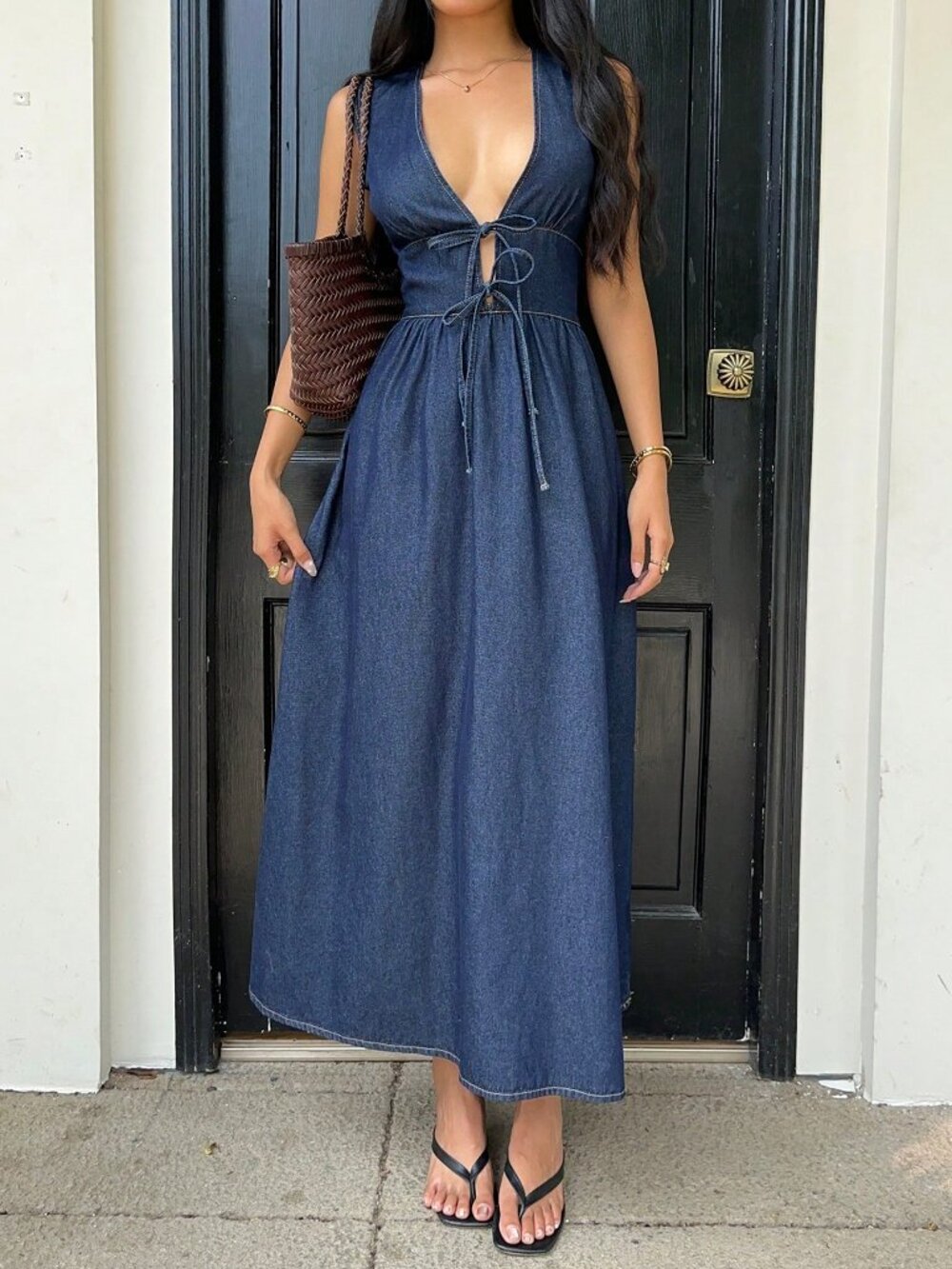 Blue Casual Women's Deep V Neck Sleeveless Denim Wrap Dress